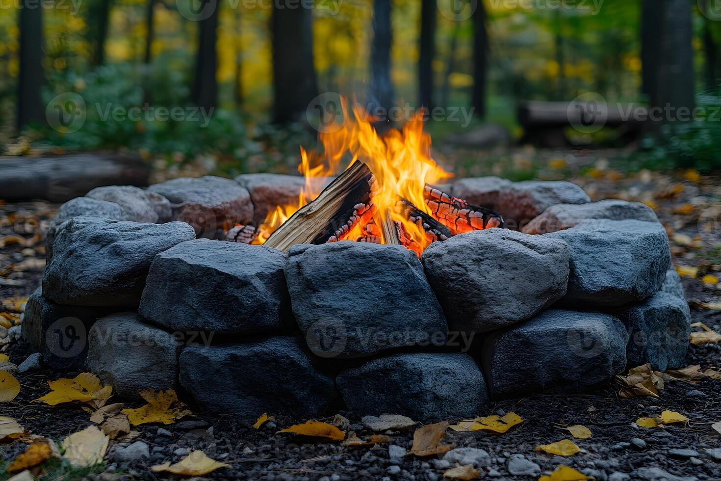 Cozy Campfire in Autumn Forest Setting for Relaxation and Outdoor Gatherings photo