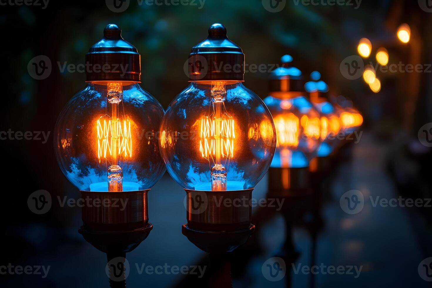 Illuminated Vintage Street Lamps in a Serene Evening Setting photo