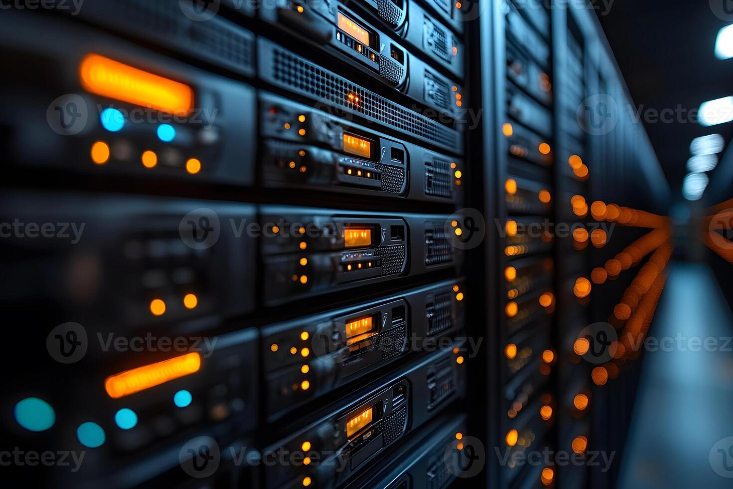 Modern Data Center with Rows of Illuminated Servers Highlighting Technology and Security photo
