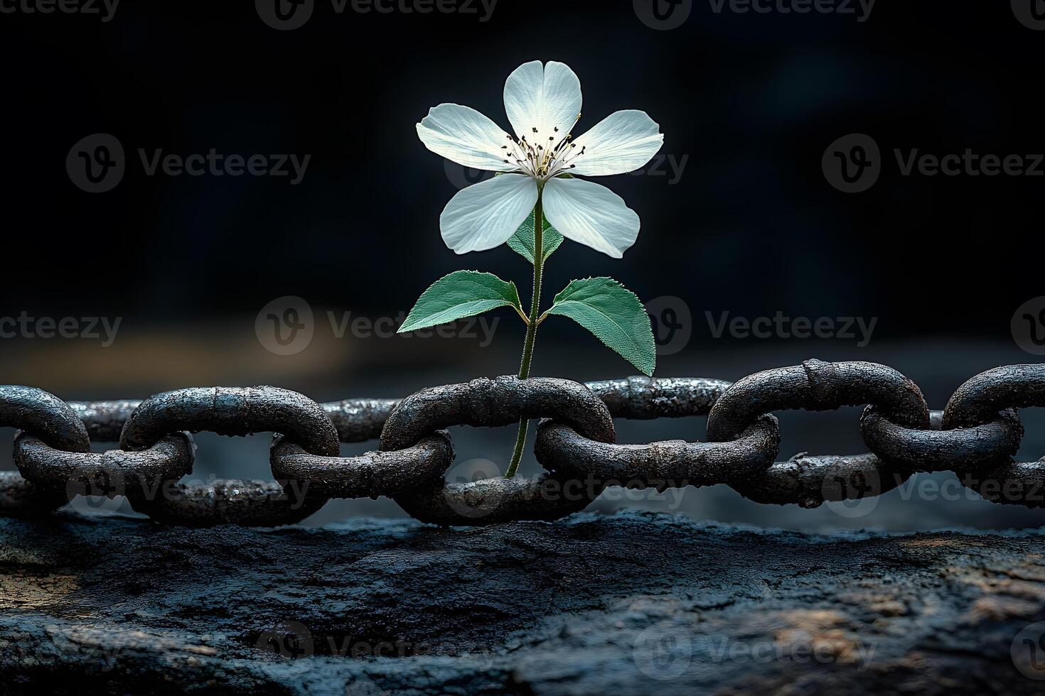 Juxtaposition of Fragile Beauty and Strength White Flower Through Rusted Chain Link photo