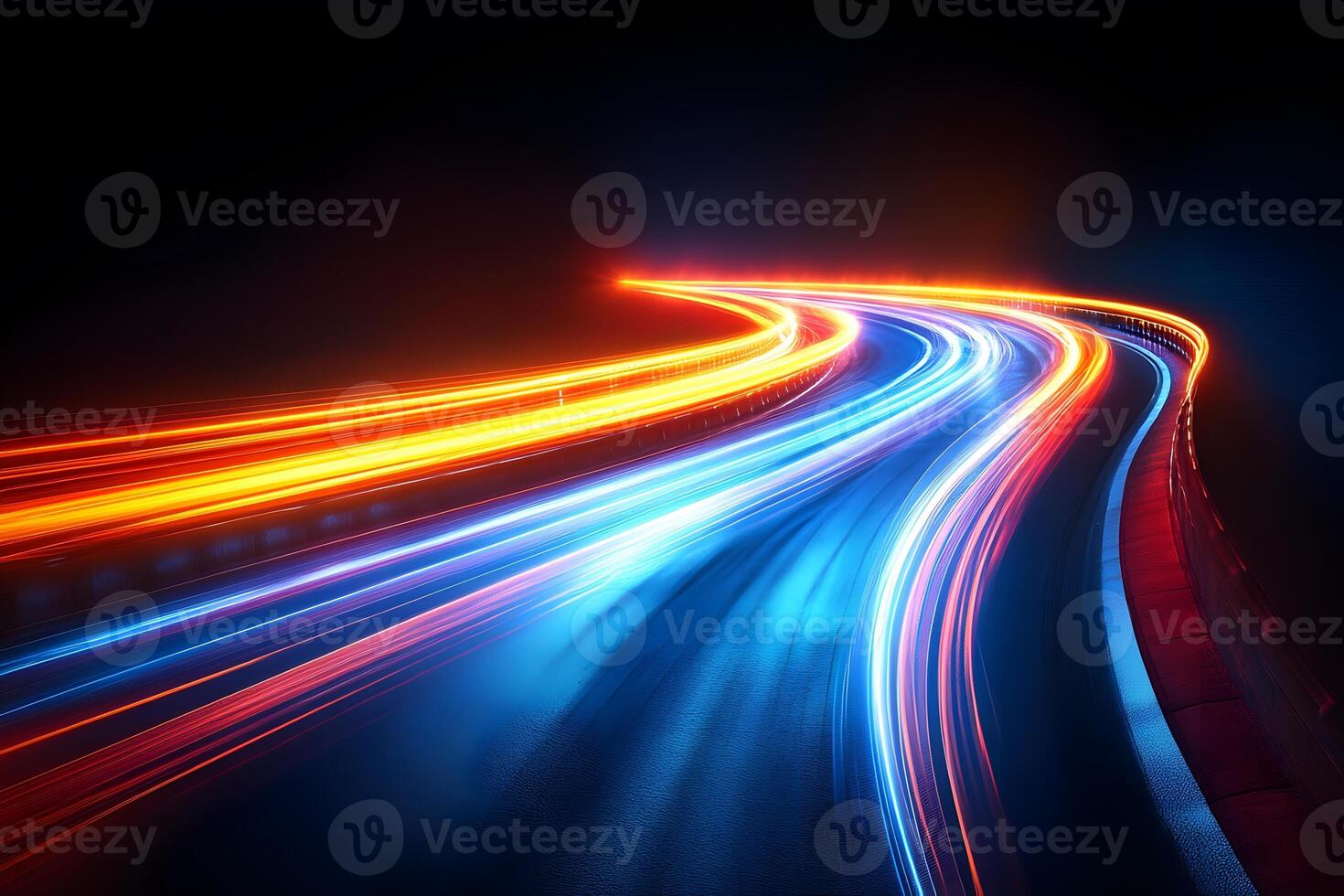 Futuristic Night Highway with Glowing Light Trails for Modern Design Concepts photo