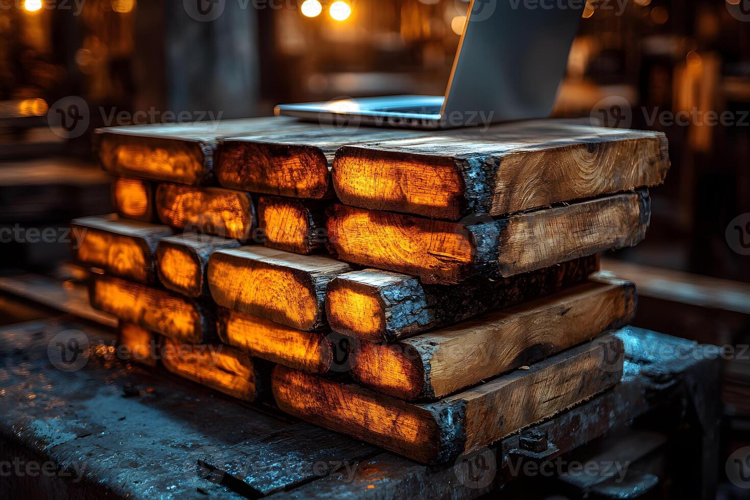 Woodwork Craftsmanship Rustic Beam Stack with Modern Technology for Industrial Design photo