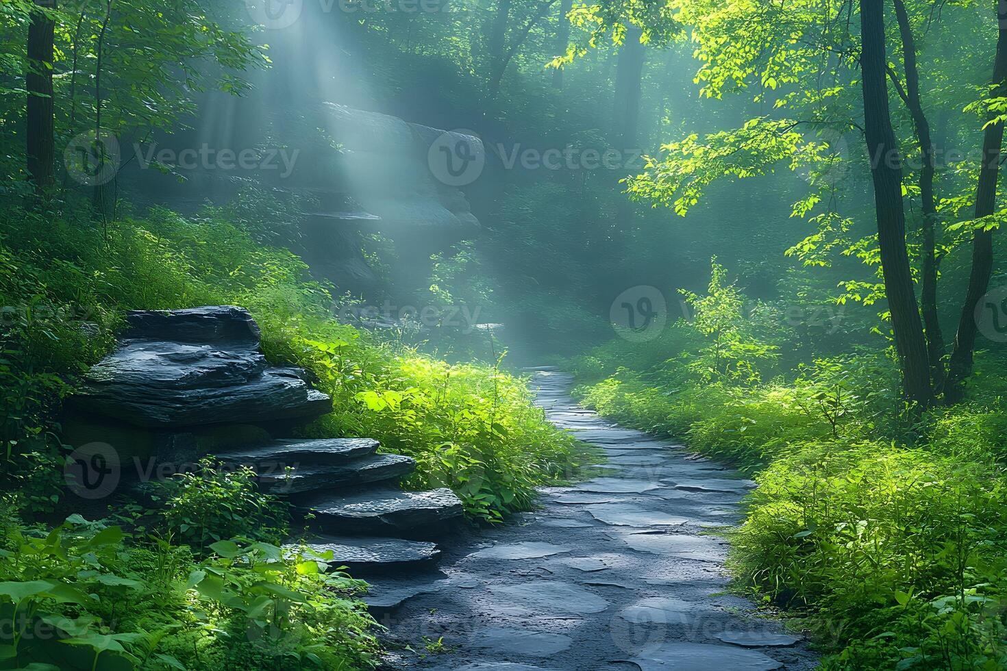 Serene Forest Path with Sunbeams and Lush Greenery for Nature Inspiration photo