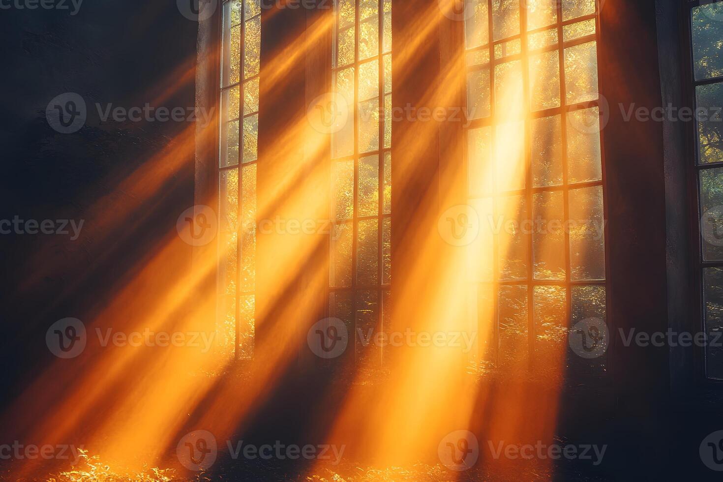 Sunlit Window with Dramatic Golden Rays in Mystical Forest Atmosphere photo