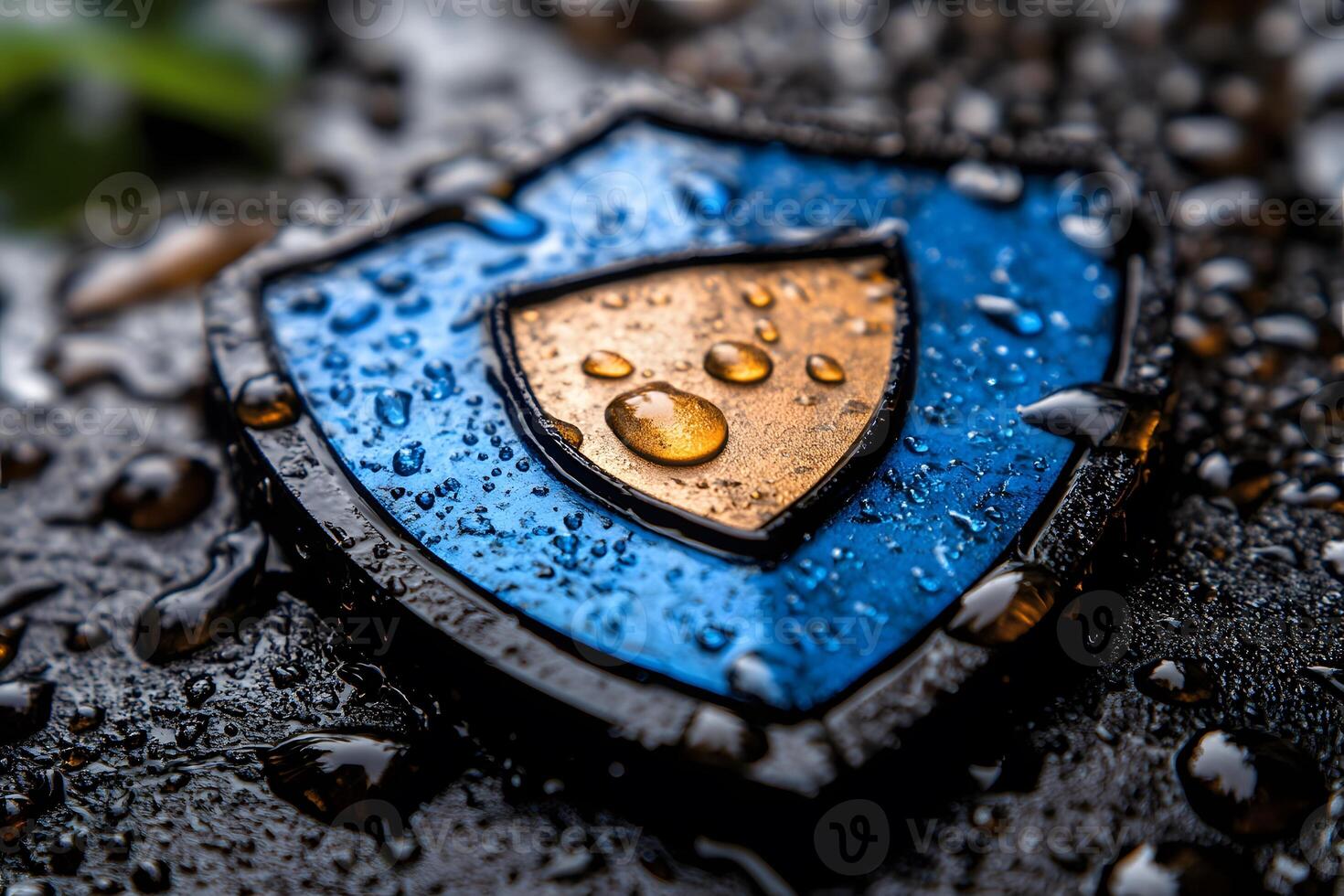 Shield Emblem with Water Droplets - Symbol of Protection and Security Concept photo