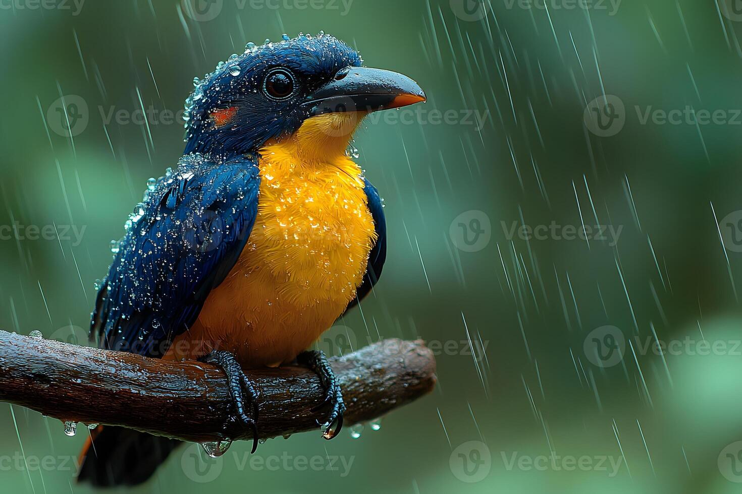Vibrant Yellow and Blue Bird Perched in Rain, Nature Photography photo