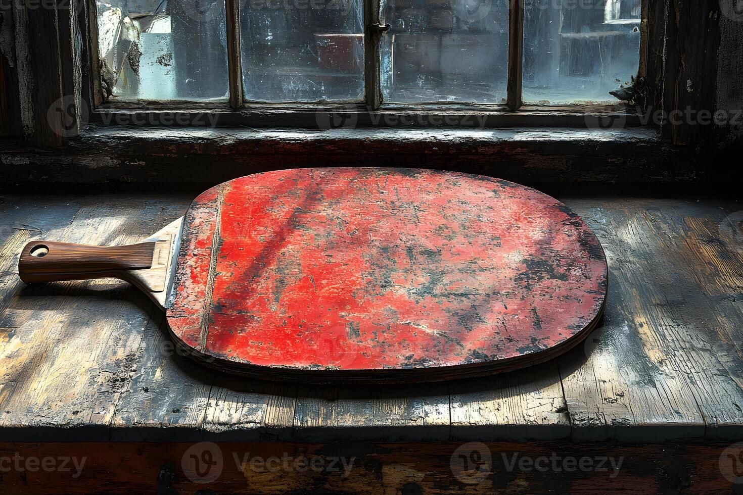 Vintage Red Paddle on Weathered Wooden Window Shelf for Rustic Decor and Nostalgic Design photo