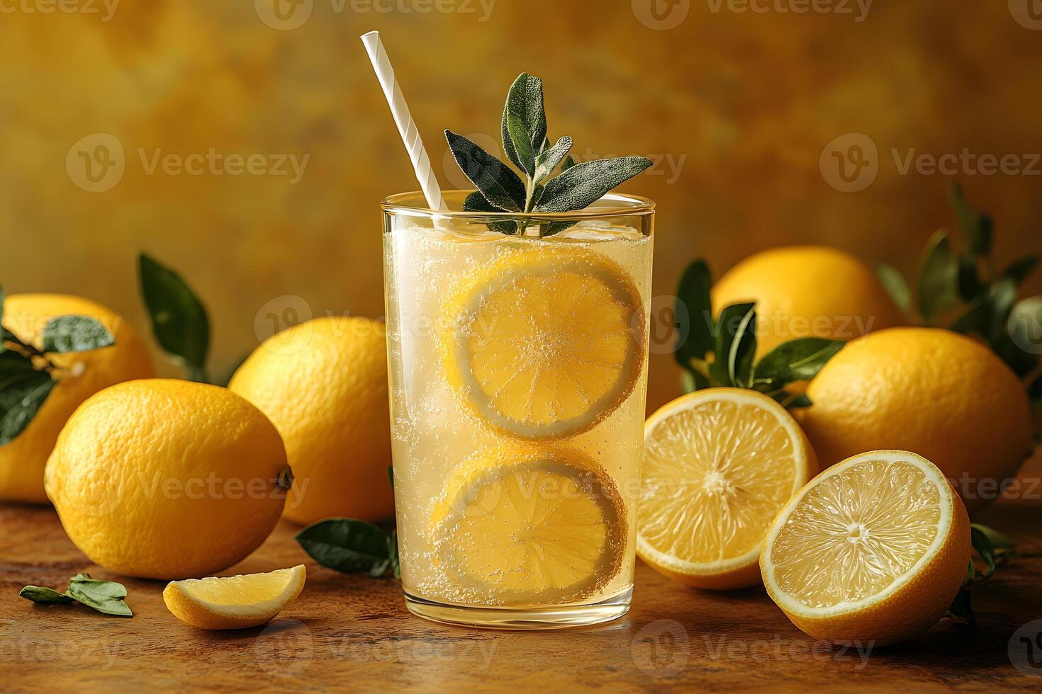 Refreshing Citrus Lemonade with Fresh Sliced Lemons and Greenery for Summer Enjoyment photo