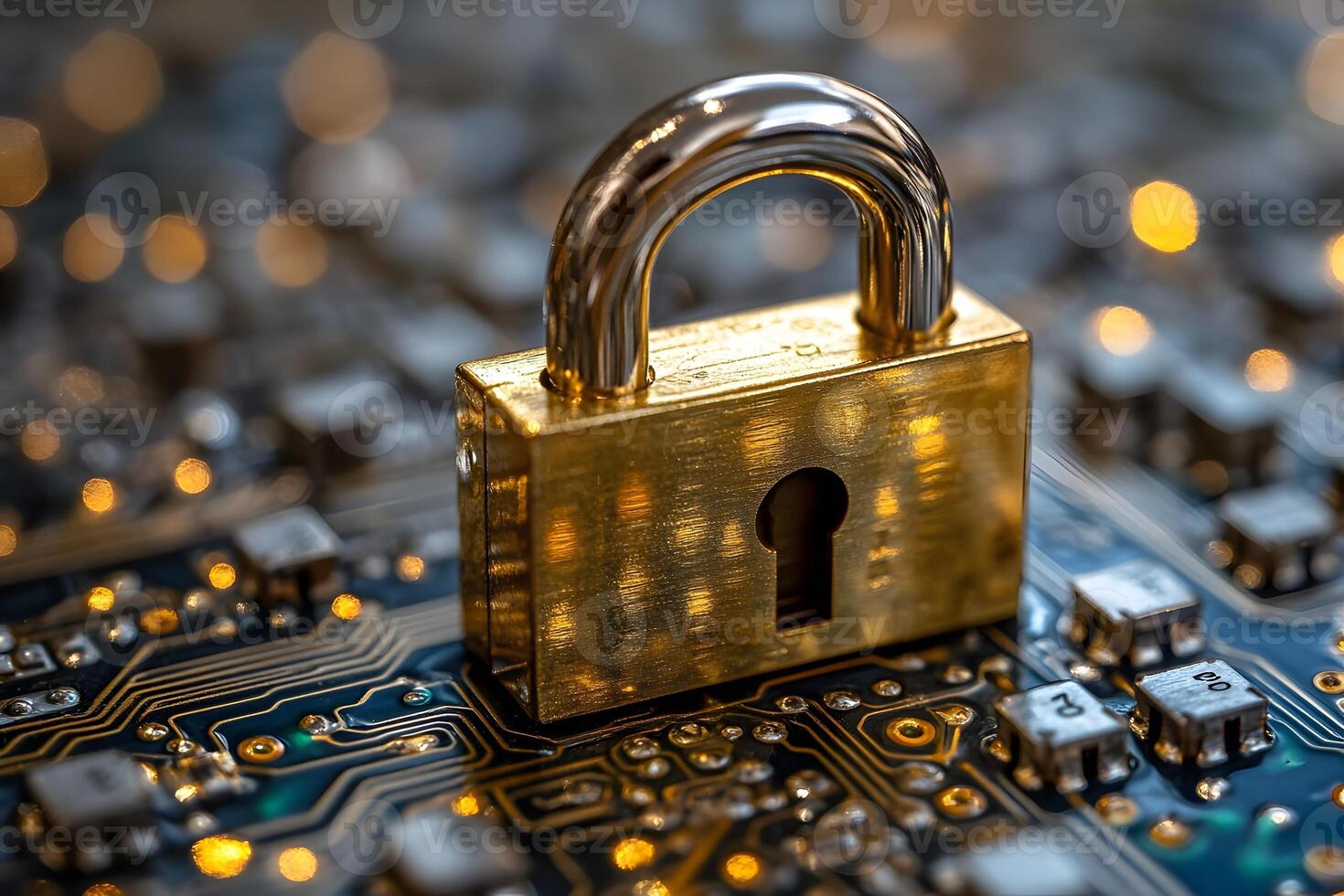 Cybersecurity Concept with Gold Padlock on Circuit Board - Digital Protection and Data Safety photo