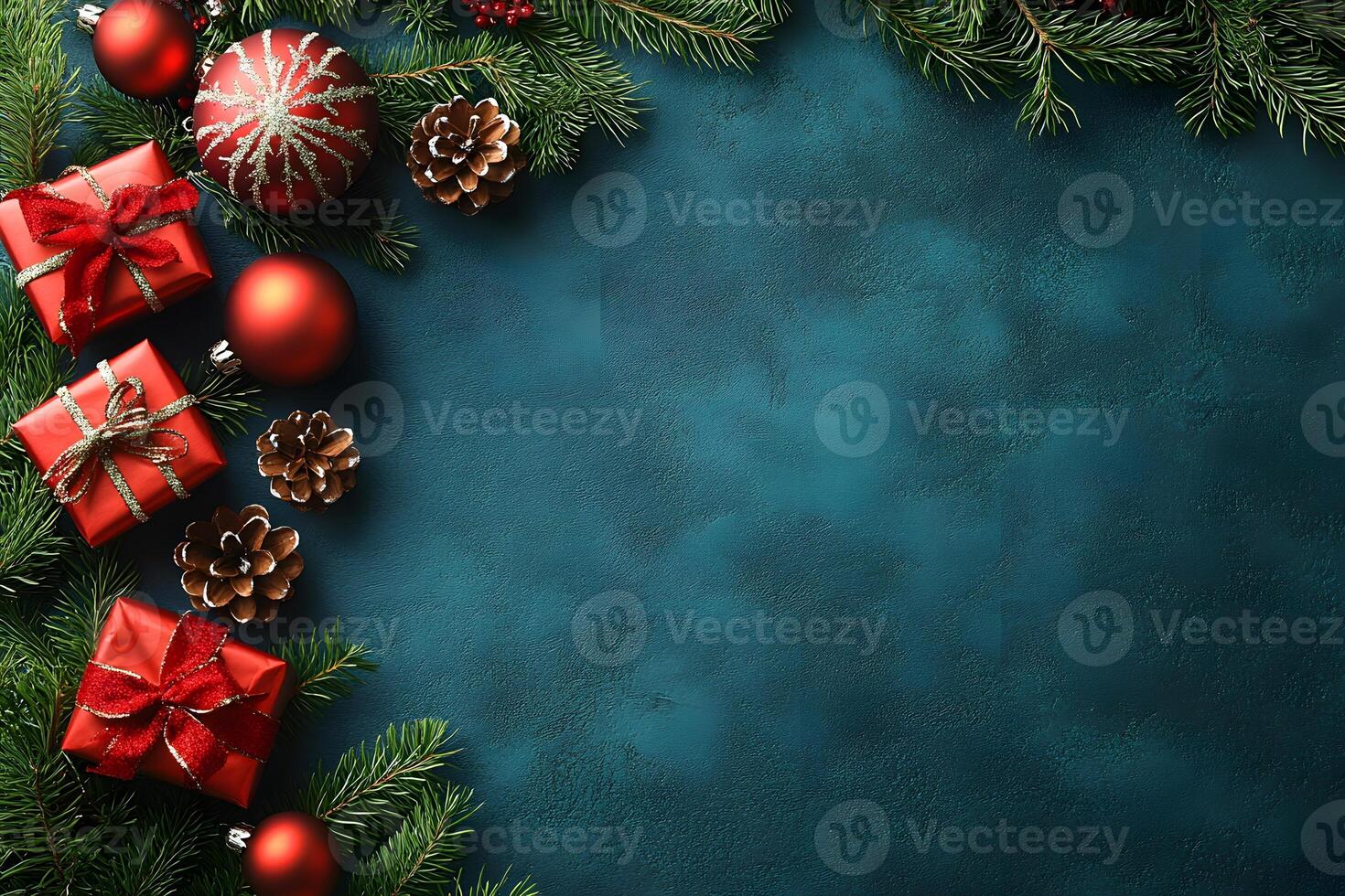 Festive Christmas Decorations with Red Gifts and Ornaments on Green Pine Background photo