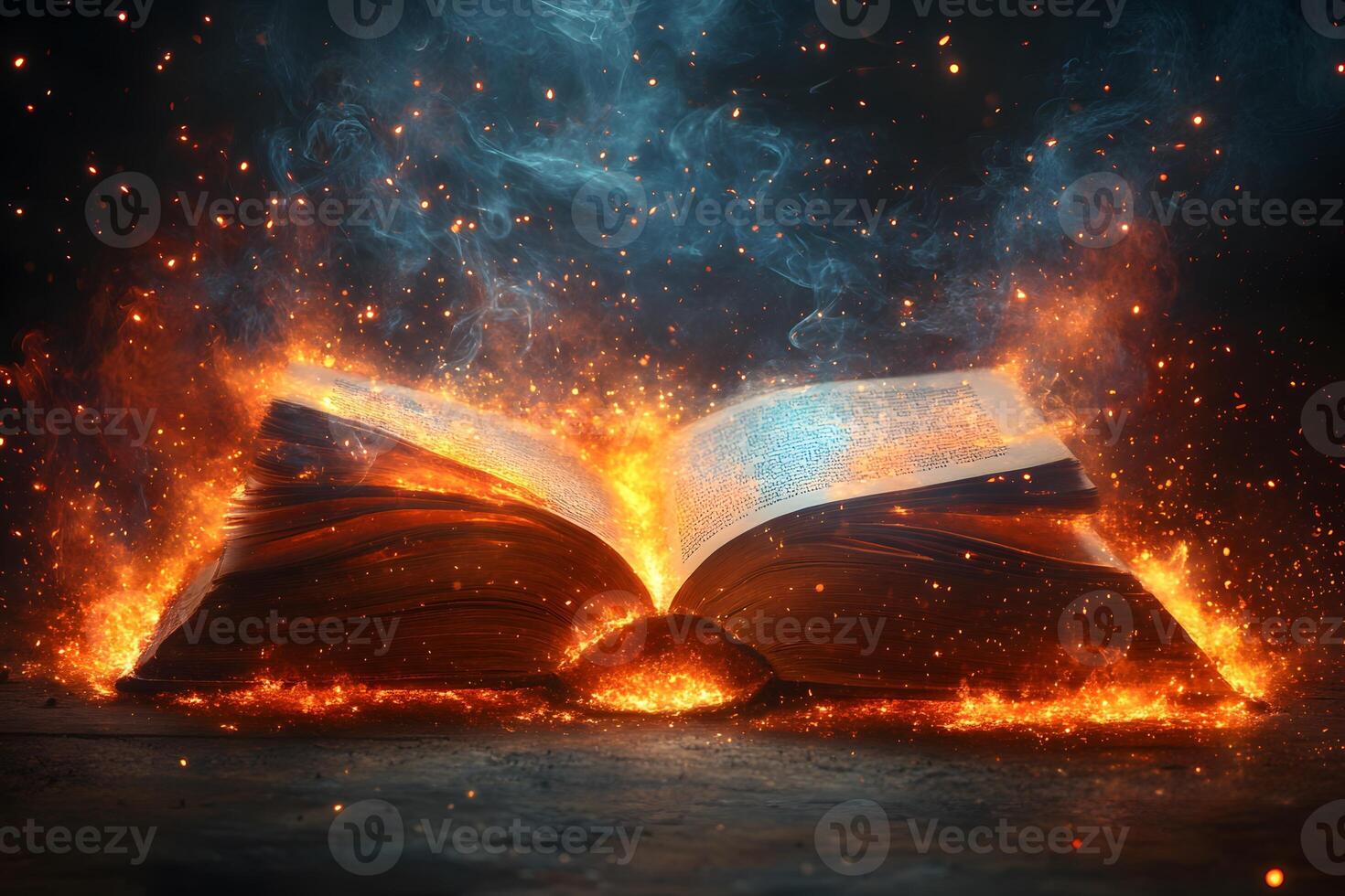 Enchanted Open Book Surrounded by Fiery Magic Sparks for Fantasy Illustration photo
