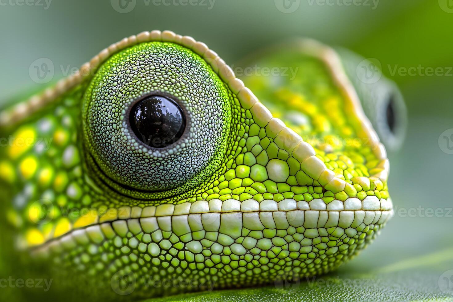Close-Up of Vibrant Green Chameleon Eye in Natural Habitat photo