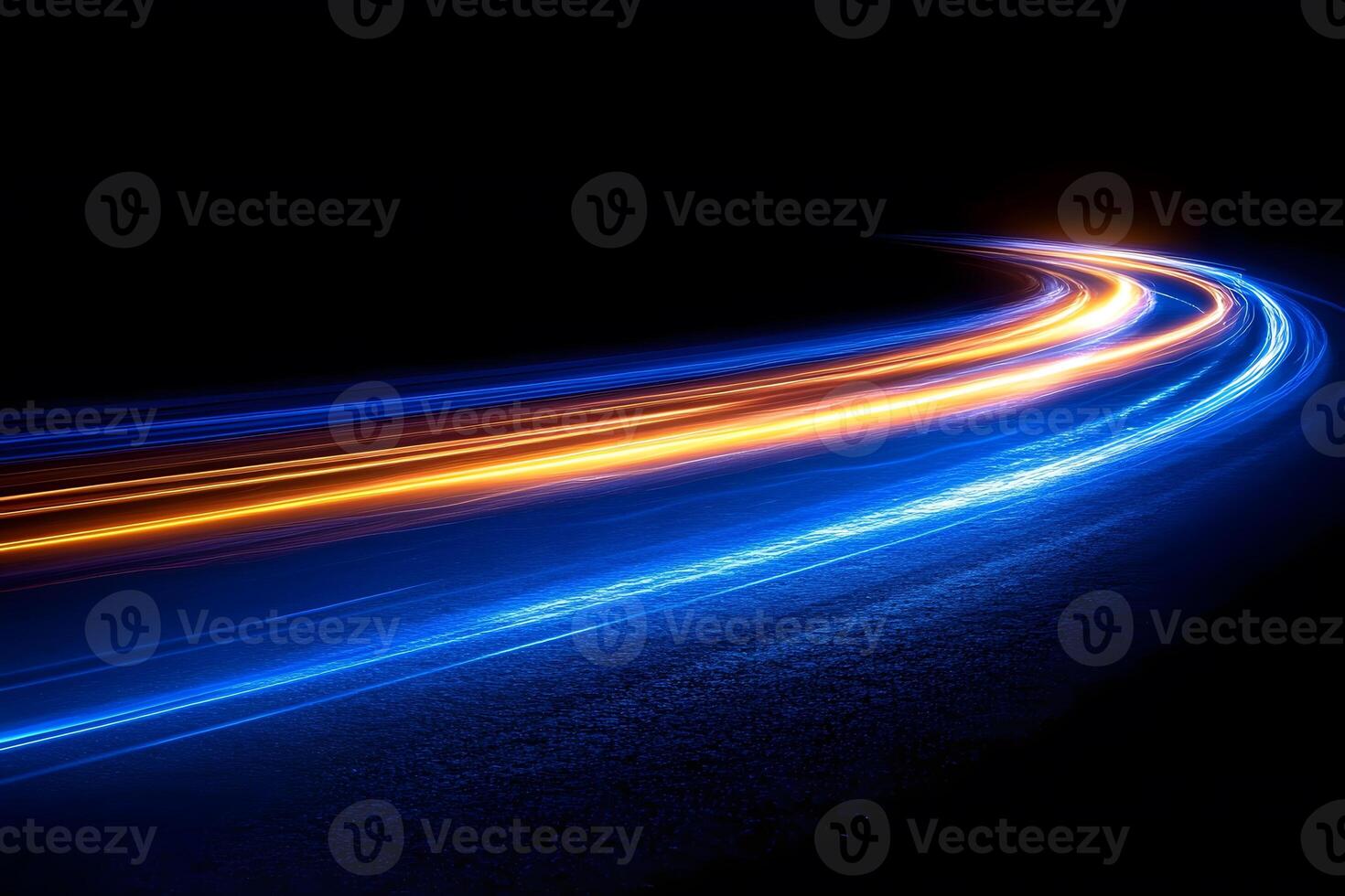 Dynamic Light Trails on Asphalt Road at Night for Futuristic Travel Design photo