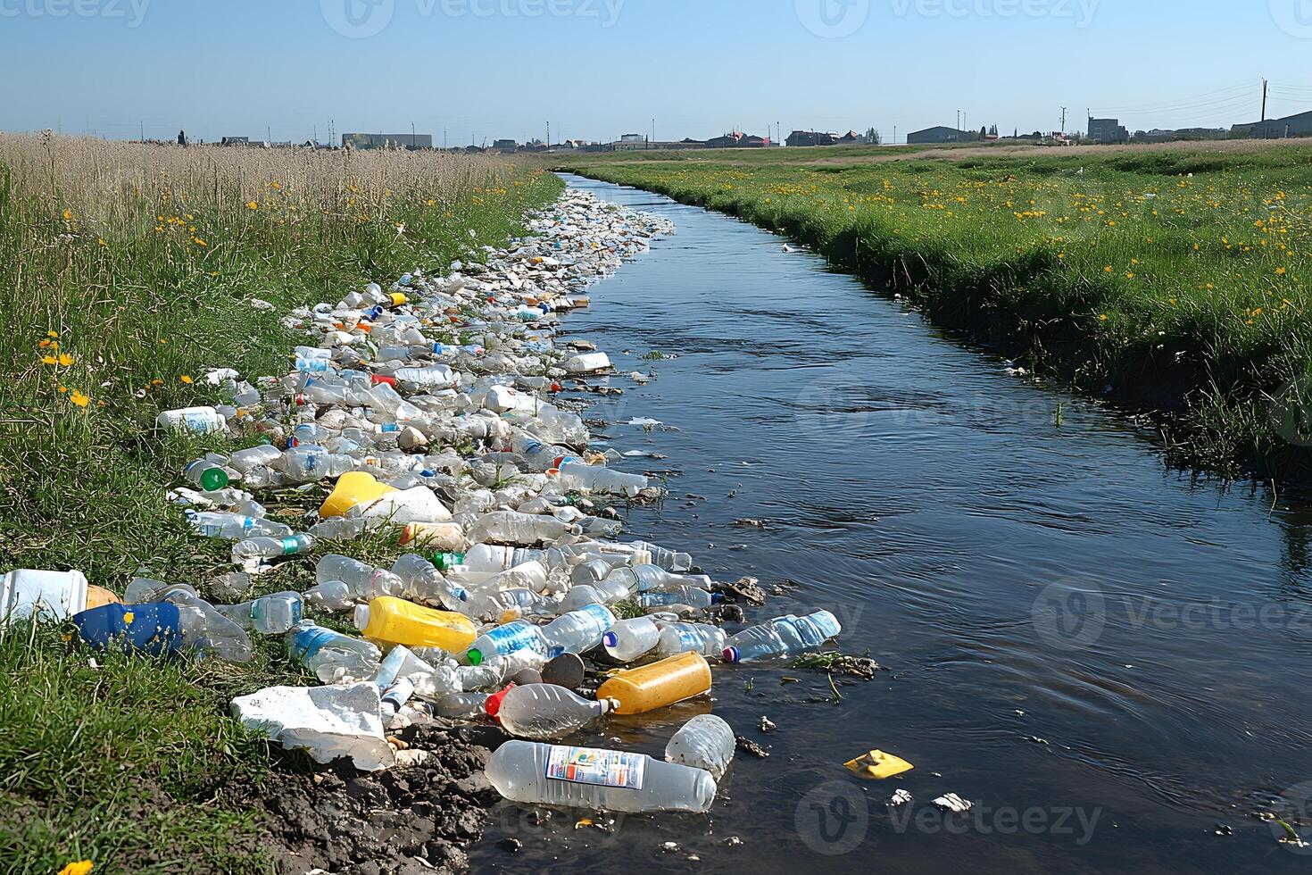 Environmental Pollution Plastic Waste Accumulation in Natural Water Stream photo