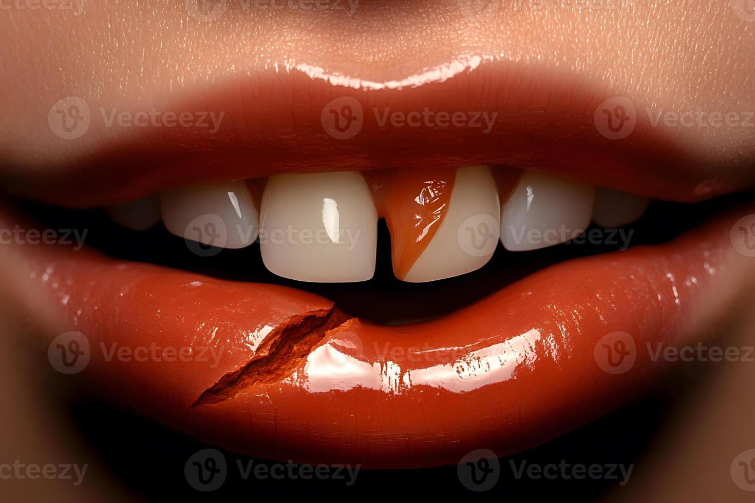 Close-Up of Glossy Red Lips with a Unique Imperfection photo