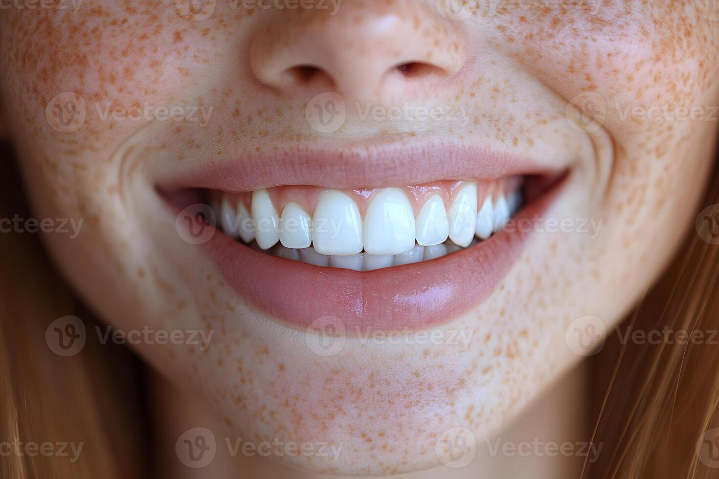 Close-Up Smile with Natural Freckles Highlighting Dental Health and Happiness photo