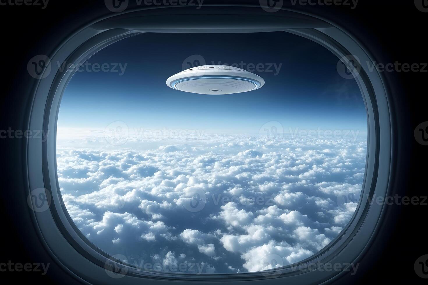 UFO Sighting from Airplane Window Over Cloudy Sky - Science Fiction and Mystery Concept photo