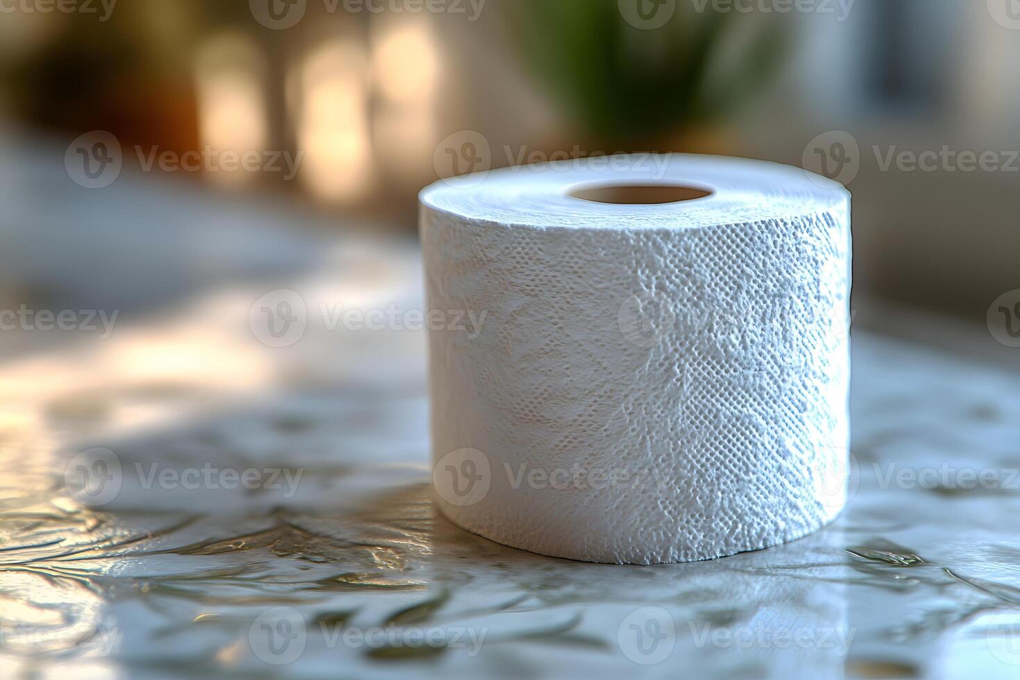 Essential Bathroom Supply Roll of Toilet Paper on Decorative Table photo