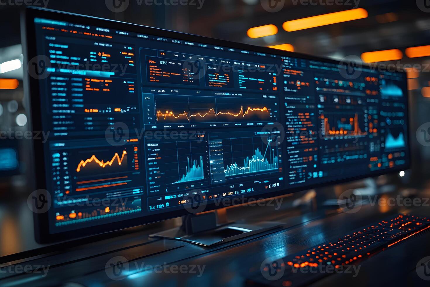 Data Analytics Dashboard Displaying Financial Trends on Multiple Screens in a Modern Office photo