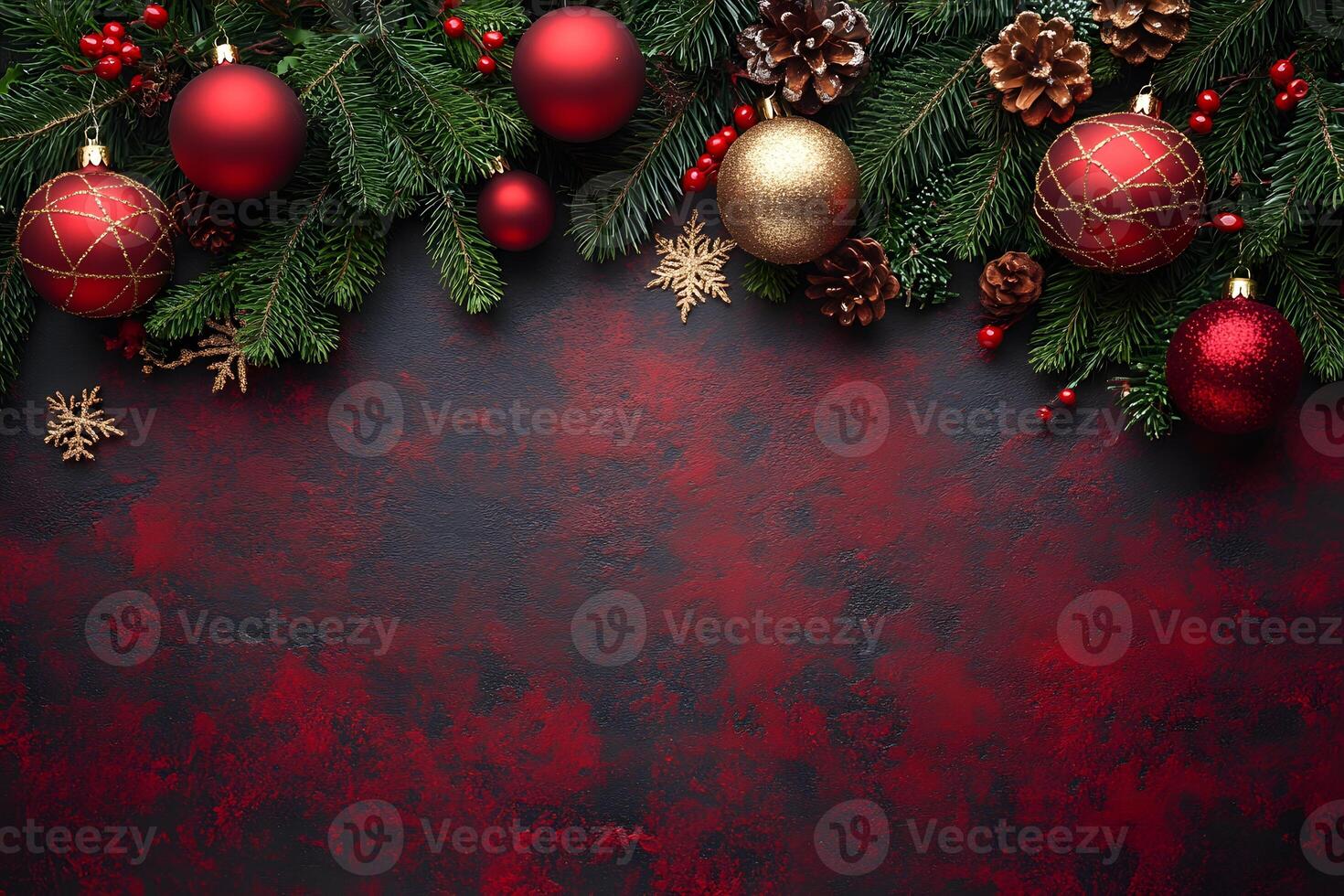 Festive Christmas Background with Red Ornaments and Pine Cones for Holiday Design photo