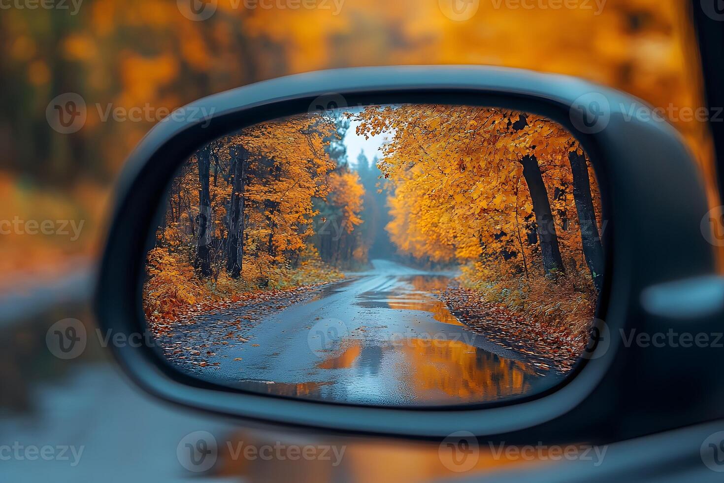 Autumn Reflections in Rearview Mirror - Seasonal Travel Perspective for Posters and Design photo