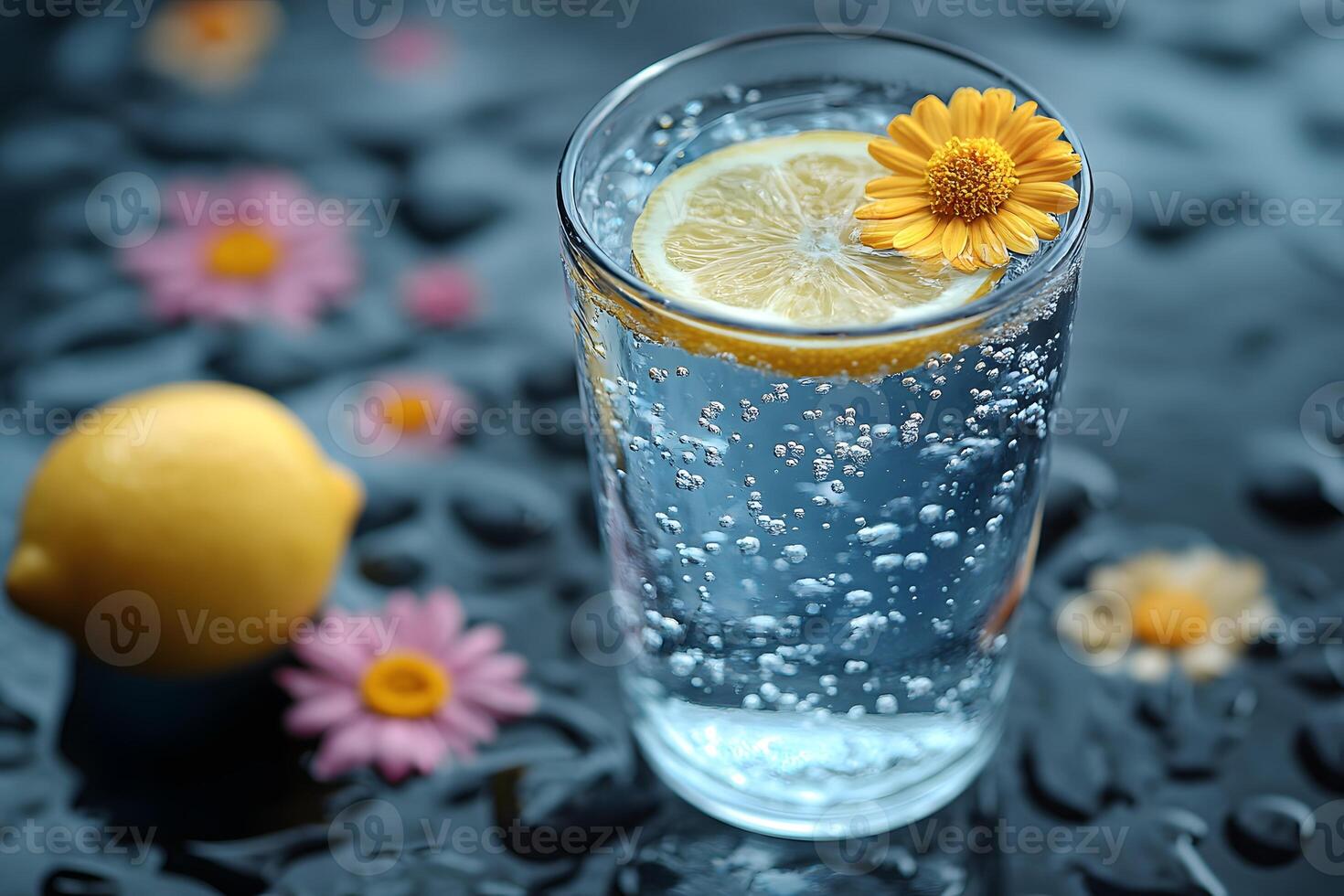 Refreshing Lemon Sparkling Water with Floral Garnish for Summer Design photo