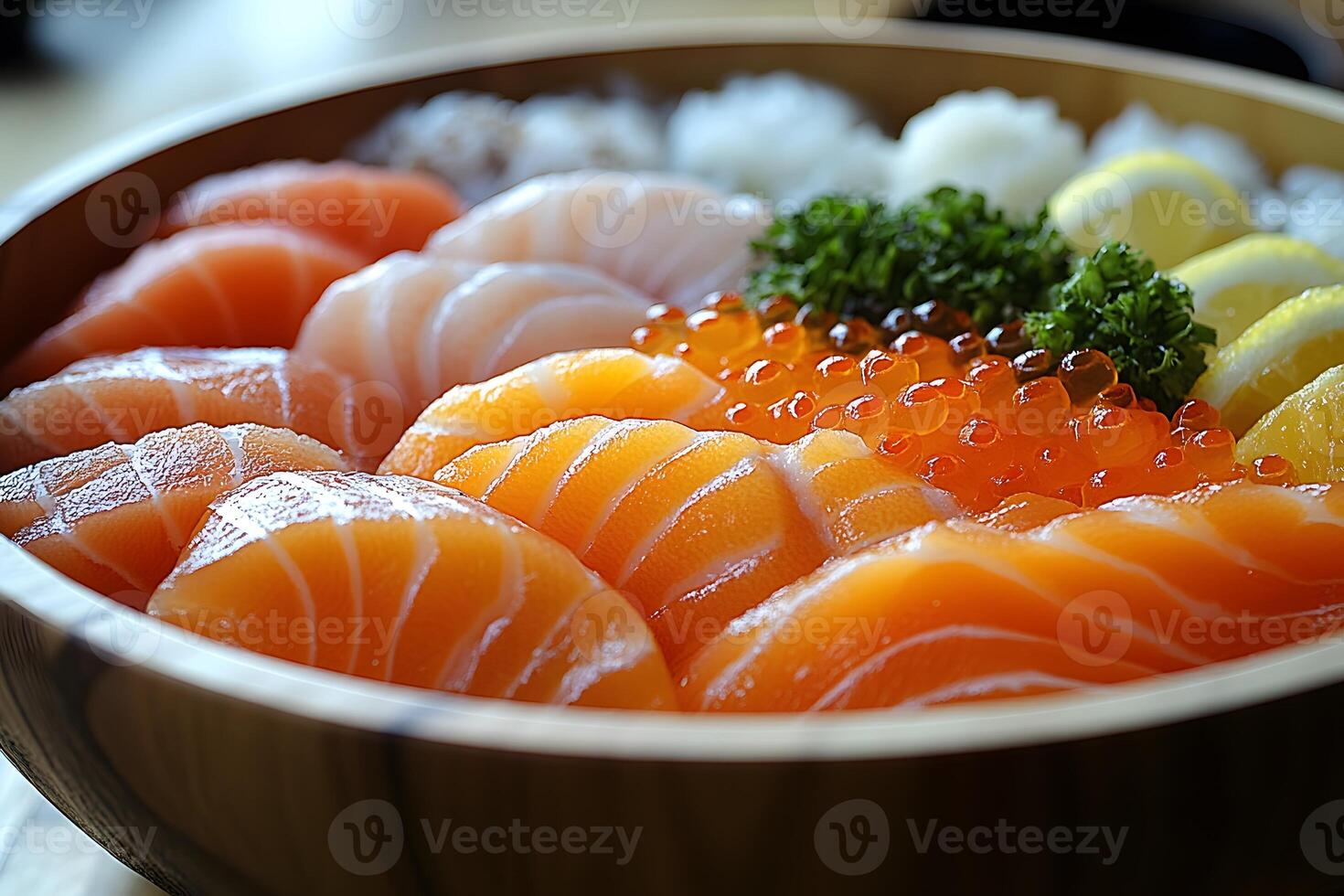 Fresh Salmon Sashimi Bowl with Ikura and Lemon Garnish for Culinary Delight photo