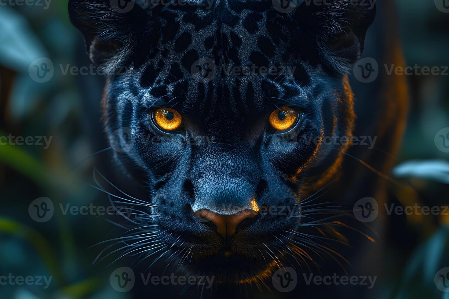 Majestic Black Jaguar with Intense Yellow Eyes in Mystical Forest Setting photo