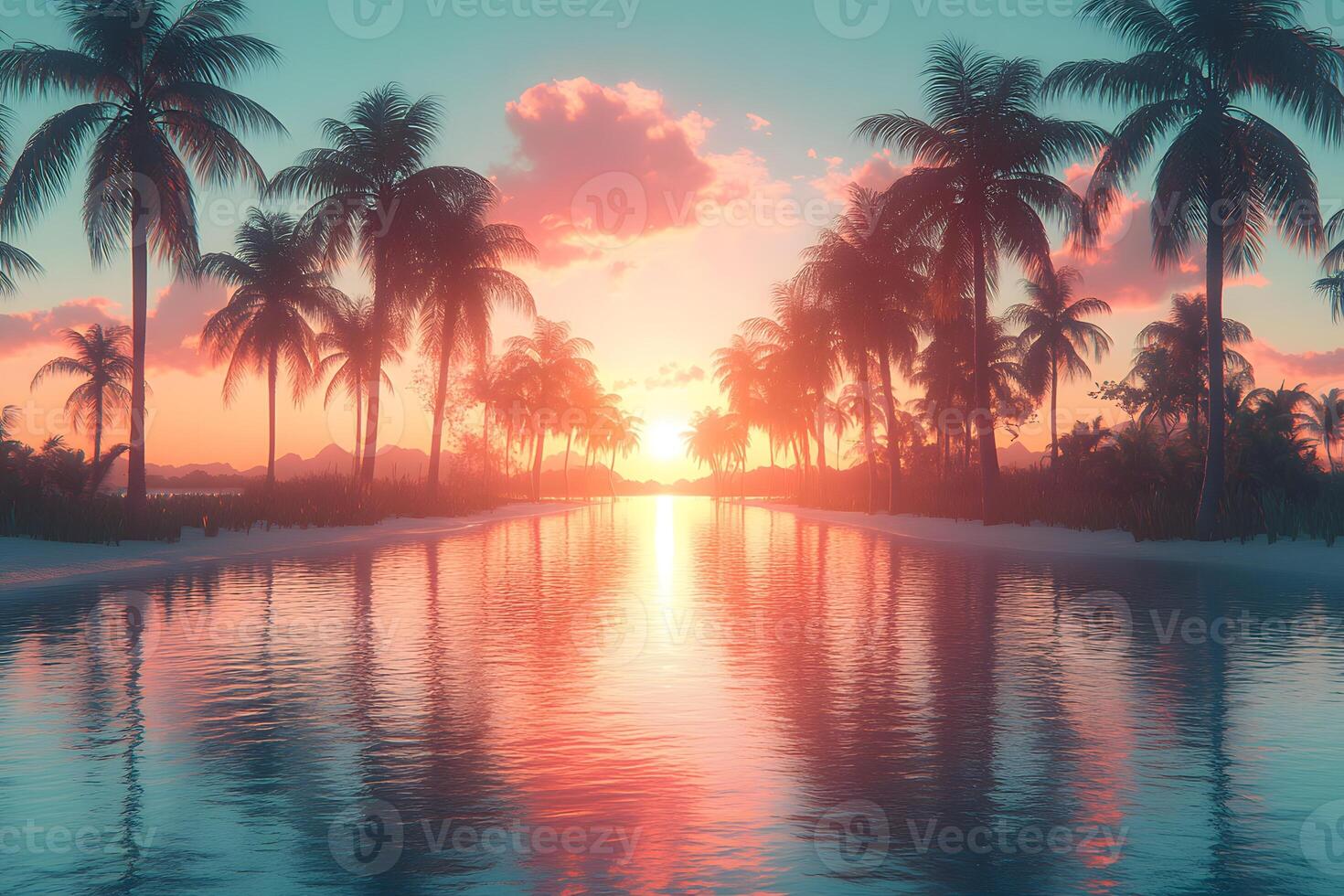 Tropical Paradise Sunset with Palm Trees and Reflective Water for Tranquil Travel and Vacation Design photo