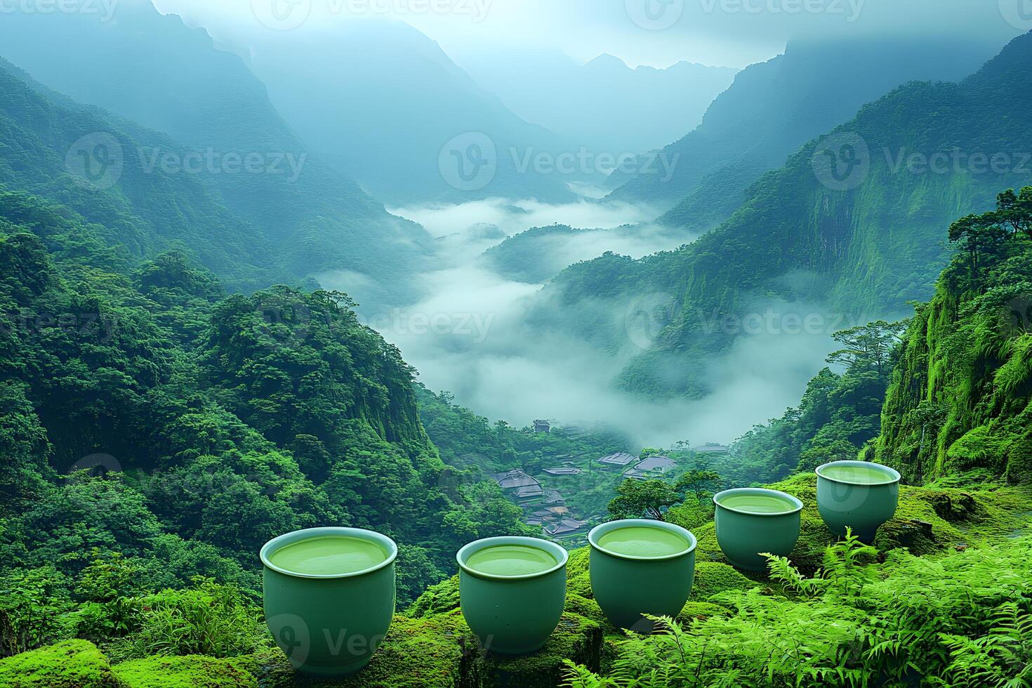 Serene Mountain Landscape with Misty Valleys and Green Pottery Decor photo
