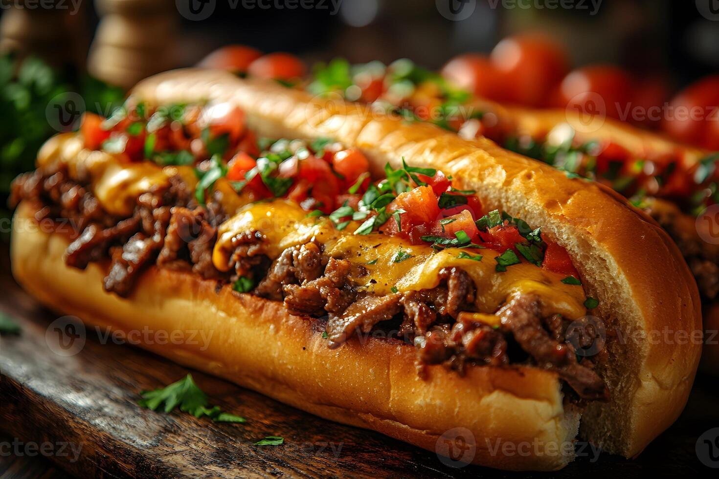 Delicious Cheesesteak Sandwich with Melted Cheese and Fresh Herbs for Culinary Delight photo
