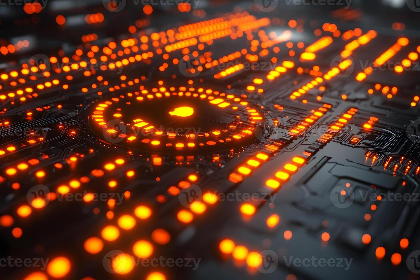 Futuristic Cybernetic Circuit Board with Glowing Orange LED Lights photo
