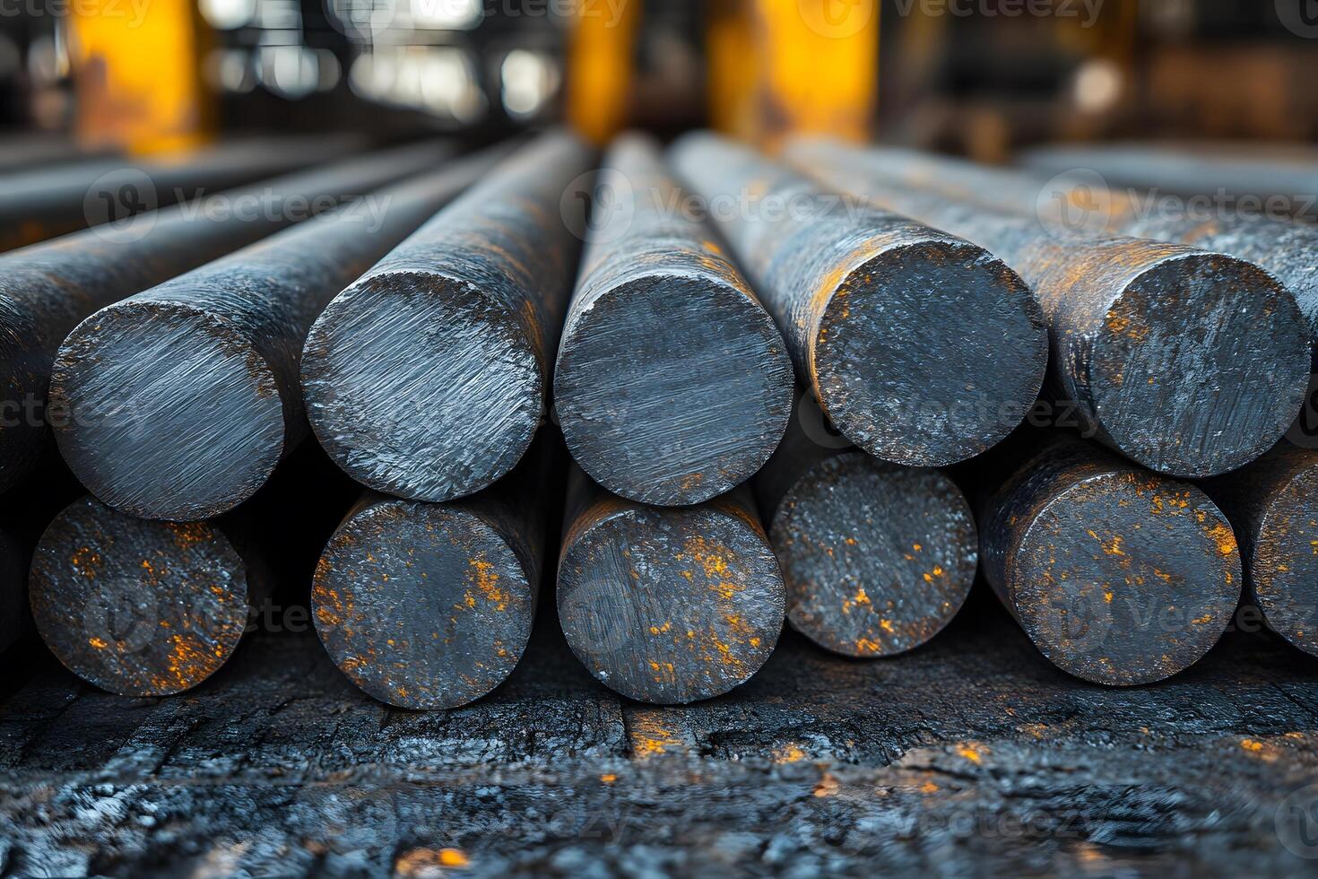 Industrial Metal Rods in Factory Setting - High-Resolution Steel Round Bars for Construction photo
