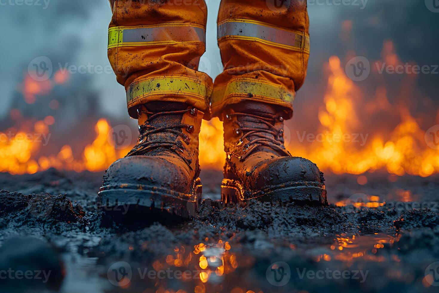 Firefighter in Action Sturdy Boots Amidst Intense Flames for Emergency Response Photography photo