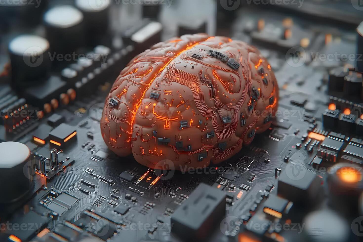 Futuristic Brain AI Concept on Circuit Board Technology and Innovation for Digital Intelligence Design photo
