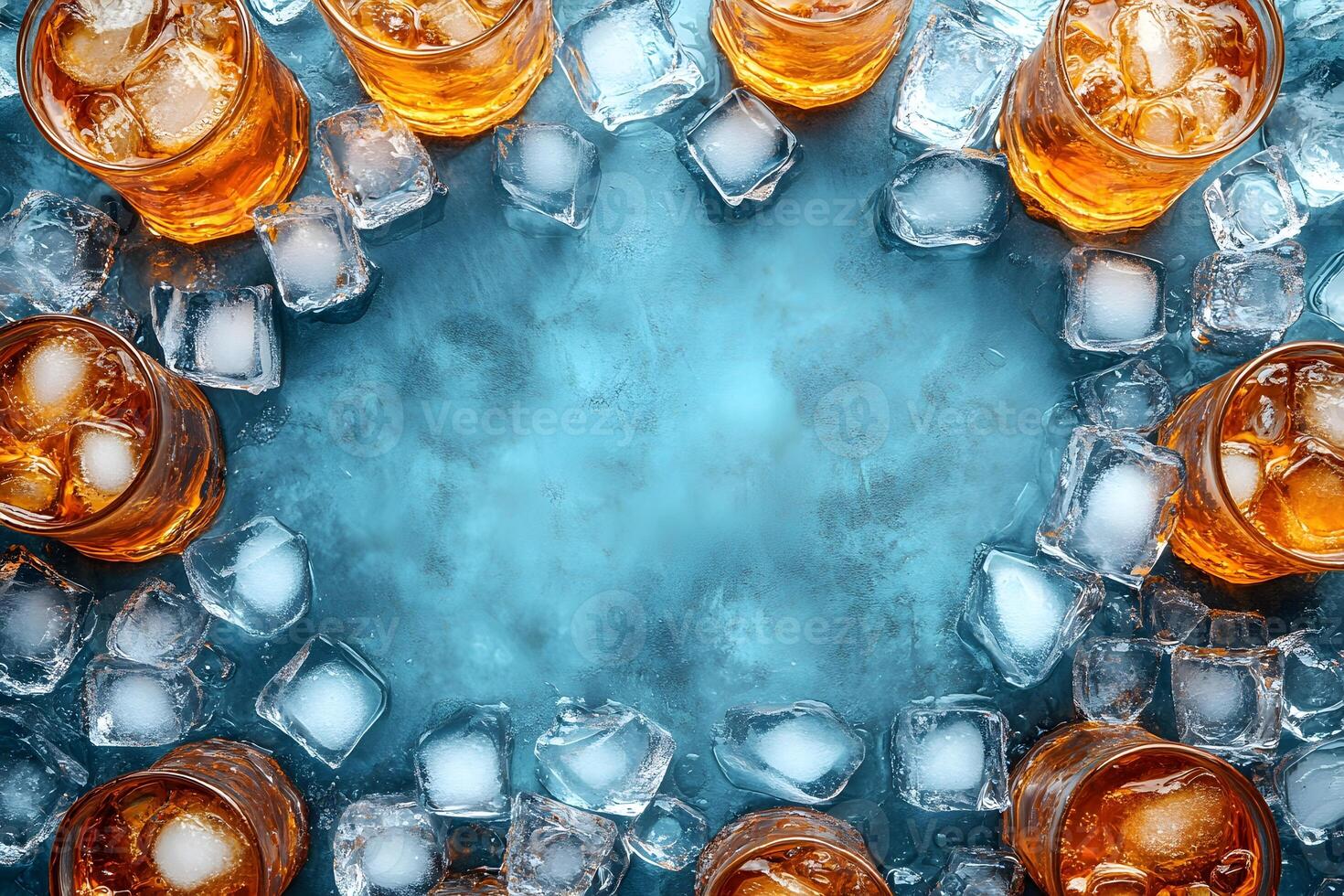 Refreshing Summer Cocktails with Ice on Blue Background for Beverage Design photo