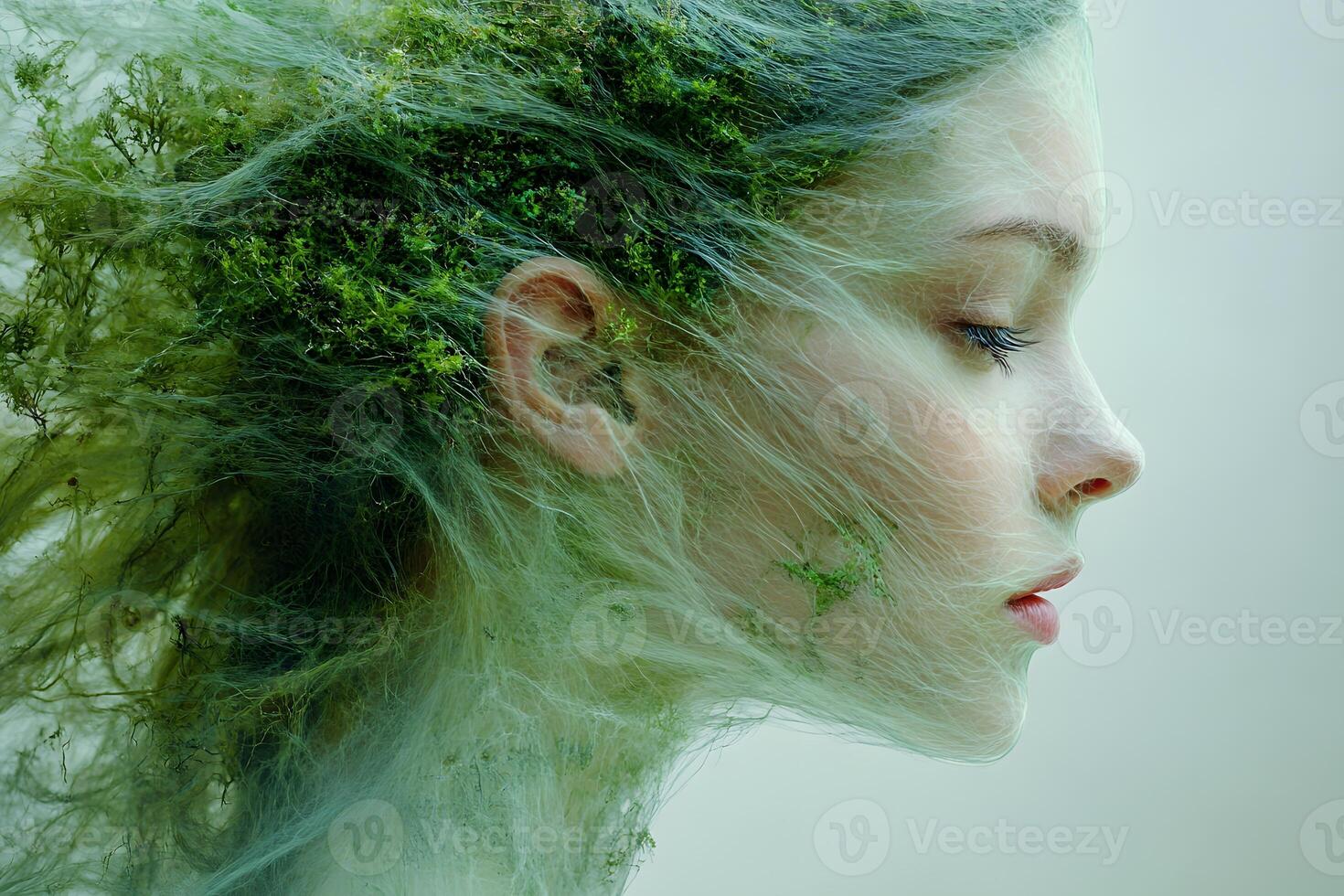Nature and Femininity Surreal Profile of Woman with Flowing Hair and Moss Elements photo