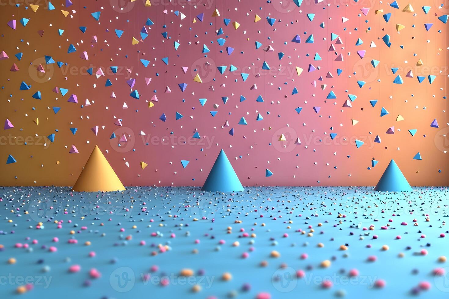 Vibrant Geometric Abstraction with Cones and Multicolored Triangles in Motion photo