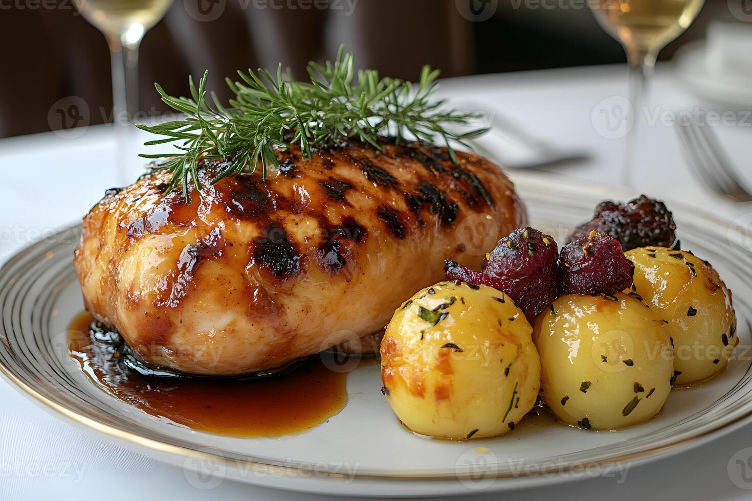 Elegant Roasted Chicken Dinner with Glazed Potatoes and Red Wine Sauce for Fine Dining photo