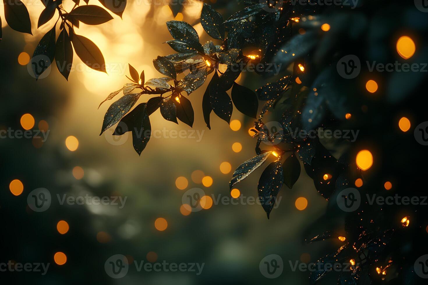 Enchanting Evening Glow Sparkling Leaves and Warm Bokeh for Nature-Themed Design photo