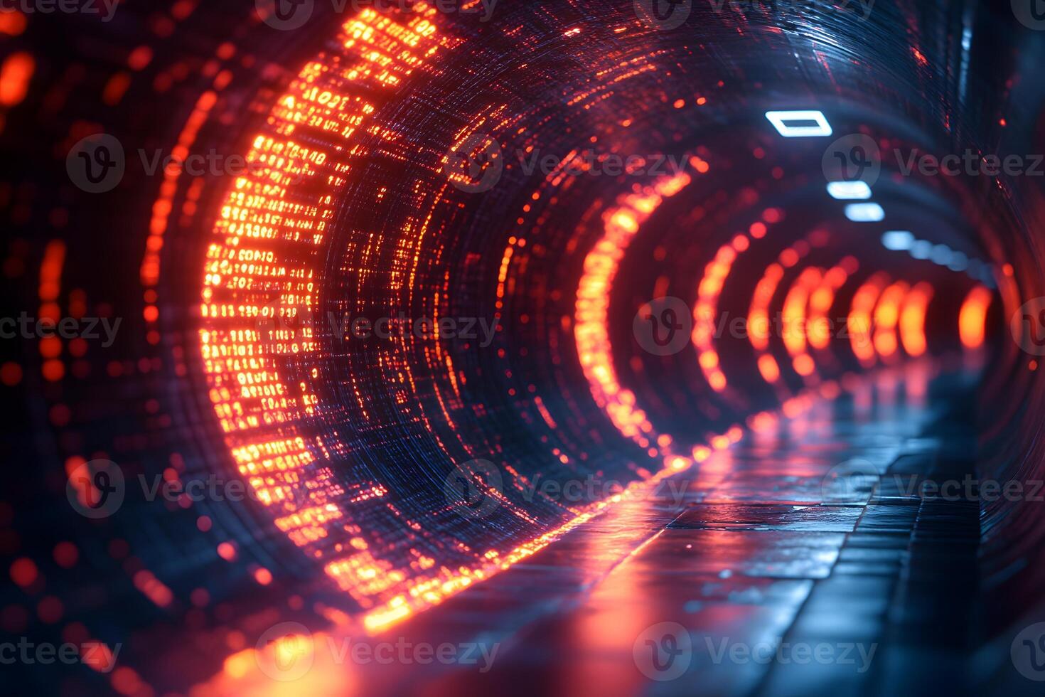 Futuristic Digital Data Tunnel with Glowing Red Lights - Cybersecurity Concept for Tech Design photo