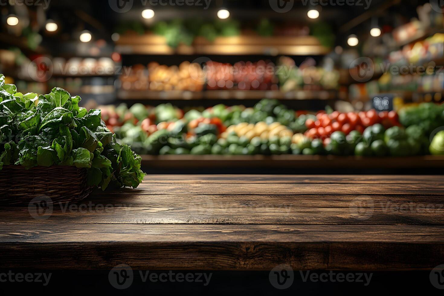 Rustic Wooden Table with Fresh Vegetables in a Grocery Store Setting photo