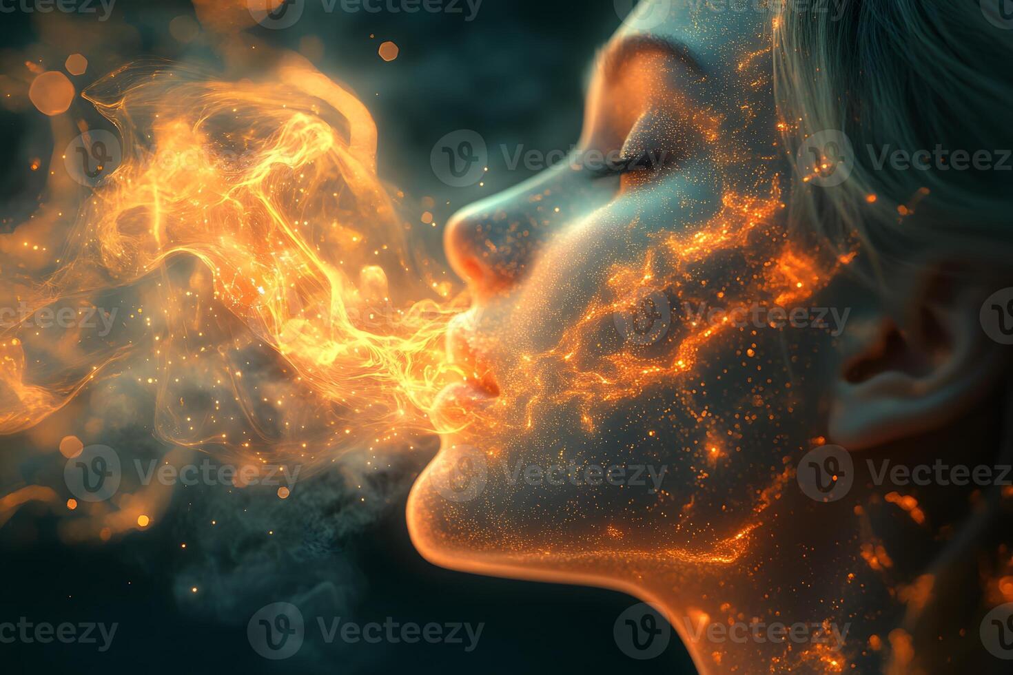 Mystical Fiery Transformation Surreal Woman with Glowing Embers for Creative Concepts photo