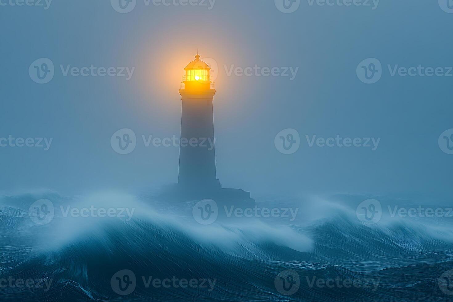 Lighthouse Amidst Stormy Waves Illuminating a Foggy Night photo