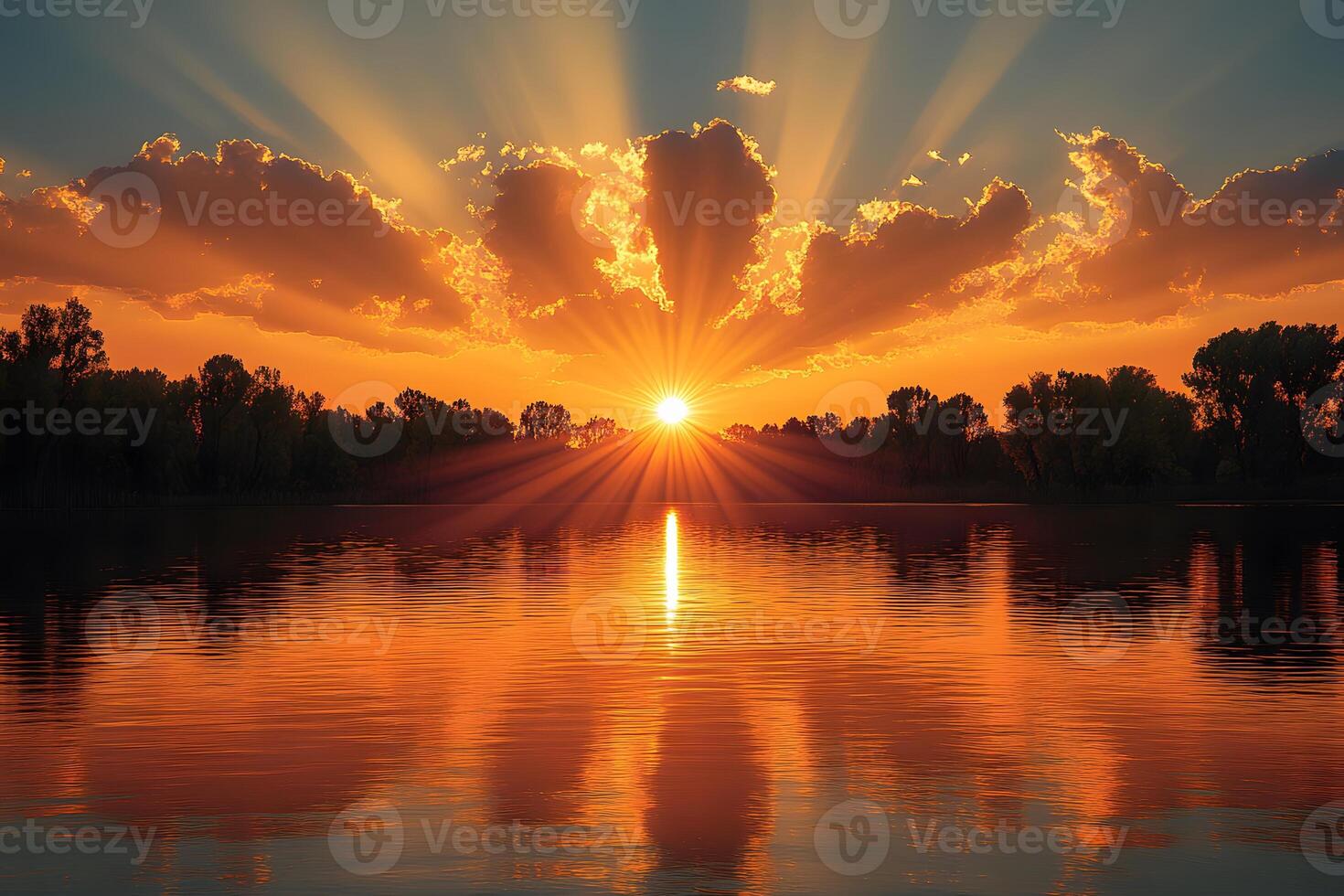 Stunning Sunset Over Tranquil Lake with Radiant Sunbeams photo