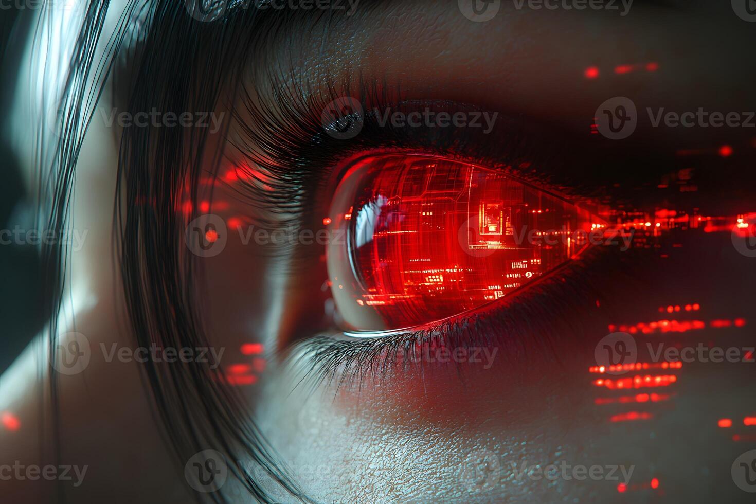 Futuristic Cybernetic Eye with Red Digital Interface for Sci-Fi Design photo
