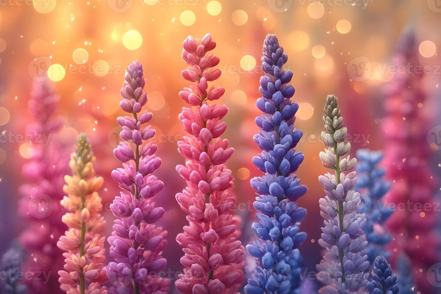 Vibrant Pastel Lupines in Sparkling Bokeh for Natural Spring Decor photo