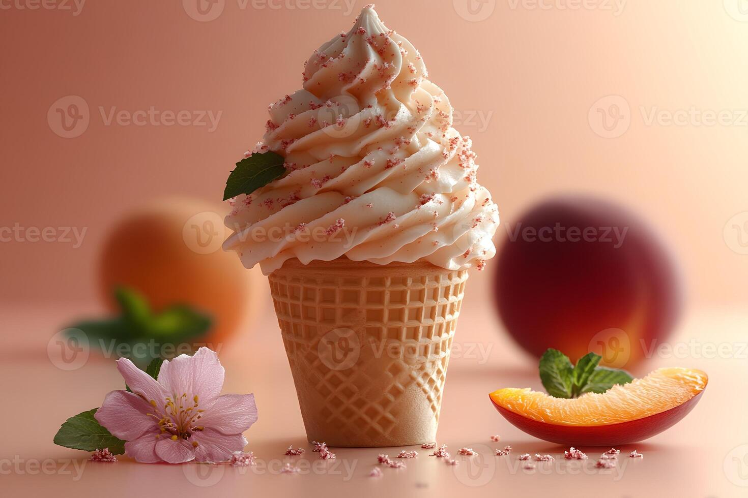 Peach-Flavored Ice Cream Cone with Fresh Peach Slices and Blossom photo