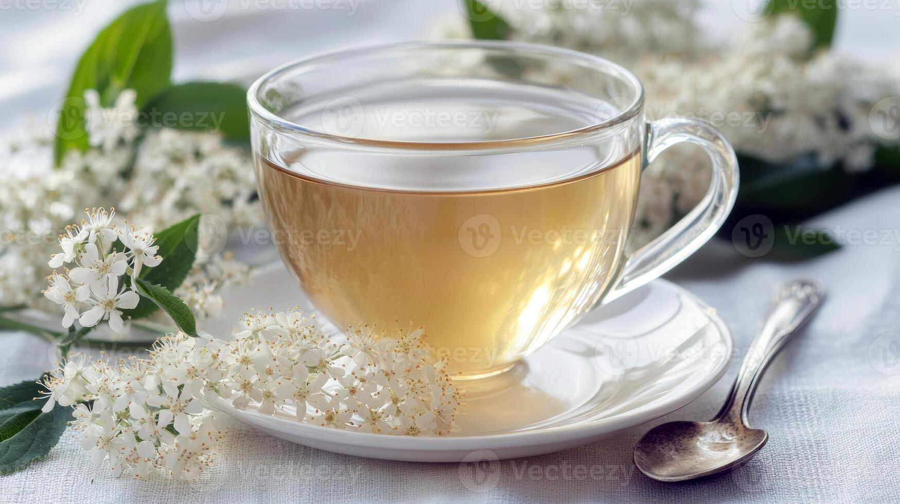 Transparent cup of herbal tea with blossoms on white cloth and silver spoon photo