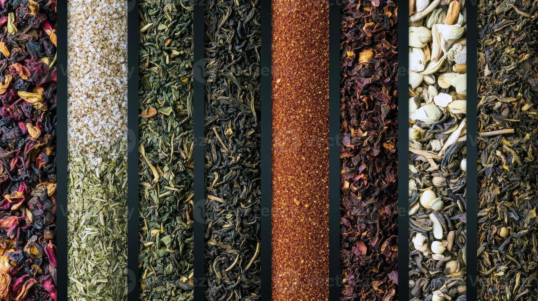 Colorful array of loose leaf teas with varied ingredients and textures photo